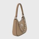 Elegante ZOE Schultertasche mit Reißverschluss, goldfarbenen Metallbeschlägen und dekorativer Kette, Innenfutter mit Muster und mehreren Fächern