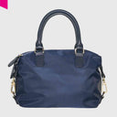 Alt-Text: ABRO ROSALIE Shopper klein in Navy – Rückansicht aus robustem Nylon mit Lederdetails
